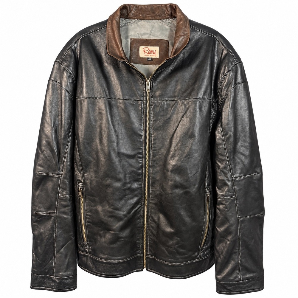 Remy Leather Jacket Mens 46 Black Brown Made in USA Moto Bomber Zip Coat